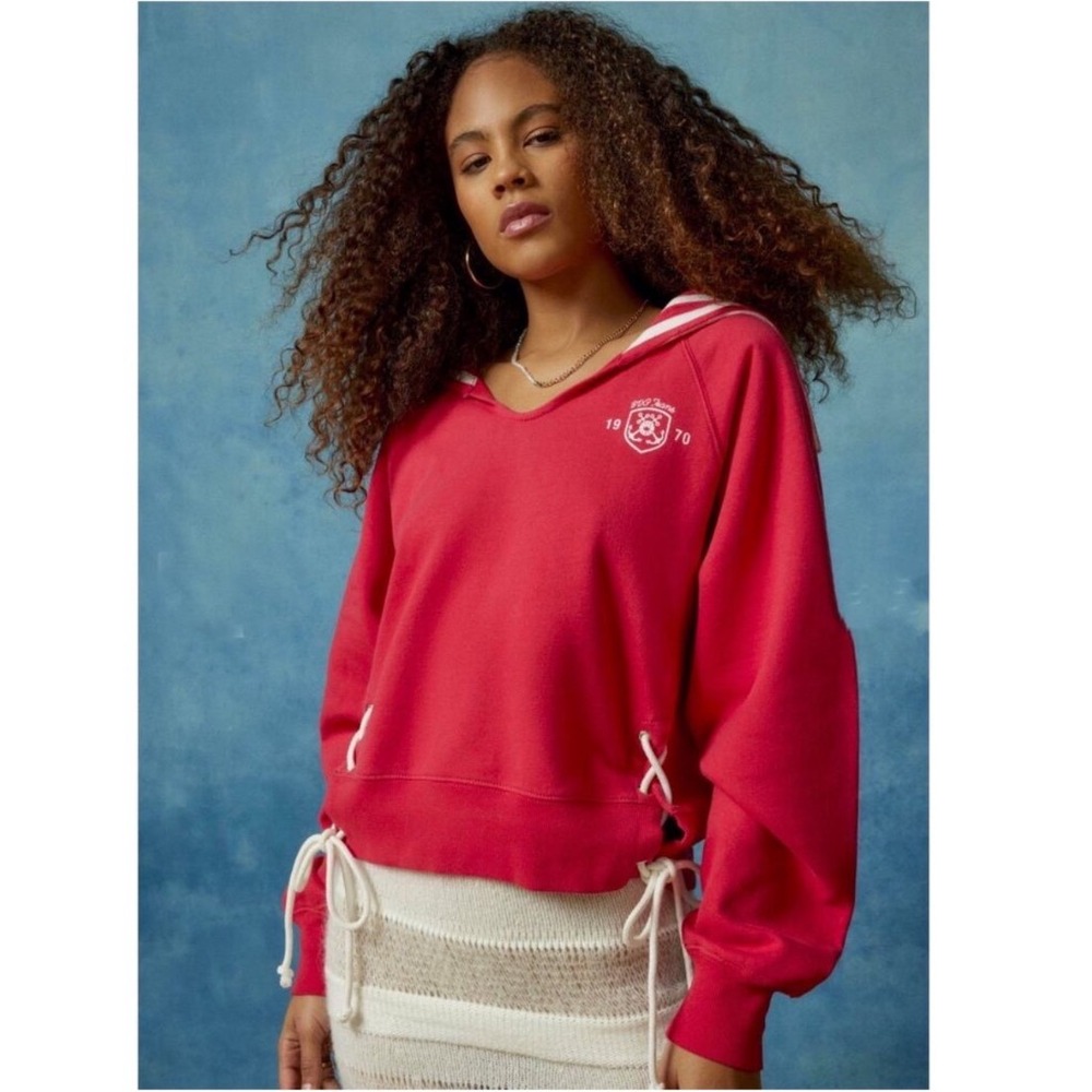 BDG Urban Outfitters Red Sailor Collar Lace Up preppy Sweatshirt Womens Small‎